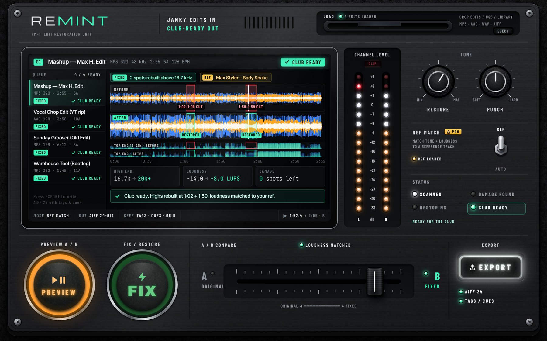The REMINT RM-1 interface: before and after waveforms, LED level meters, RESTORE and PUNCH knobs, an A/B fader, and big orange PREVIEW and green FIX buttons.
